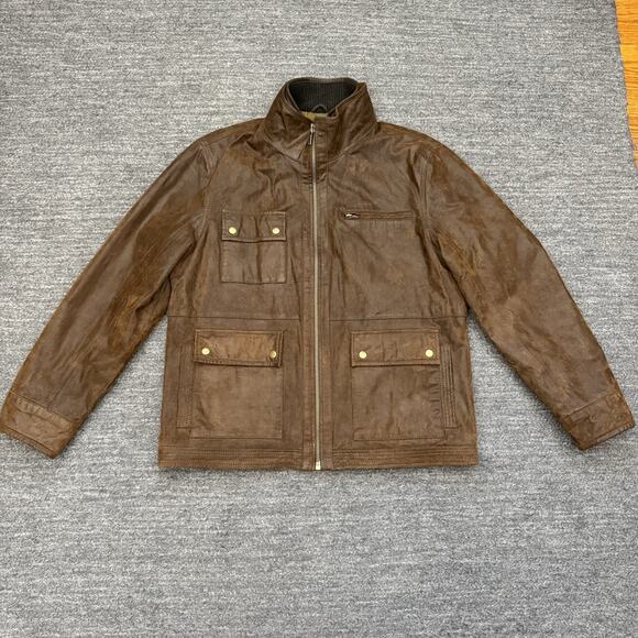 Johnston & Murphy Leather Jacket Men Large Brown Pockets Full Zip Field Bomber - Picture 2 of 11